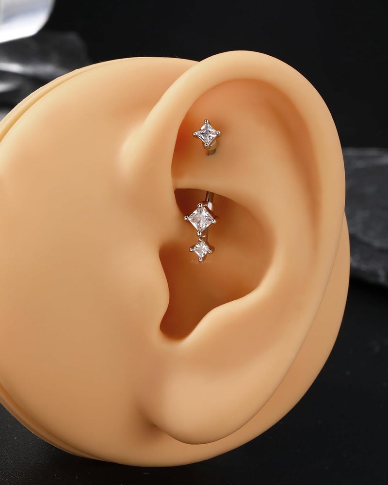 Agrewd Store Minimalist Rook Earrings 8MM Silver Rook Piercing Jewelry Stainless Steel Clear CZ 16G Belly Button Ring Curved Barbell - Image 2